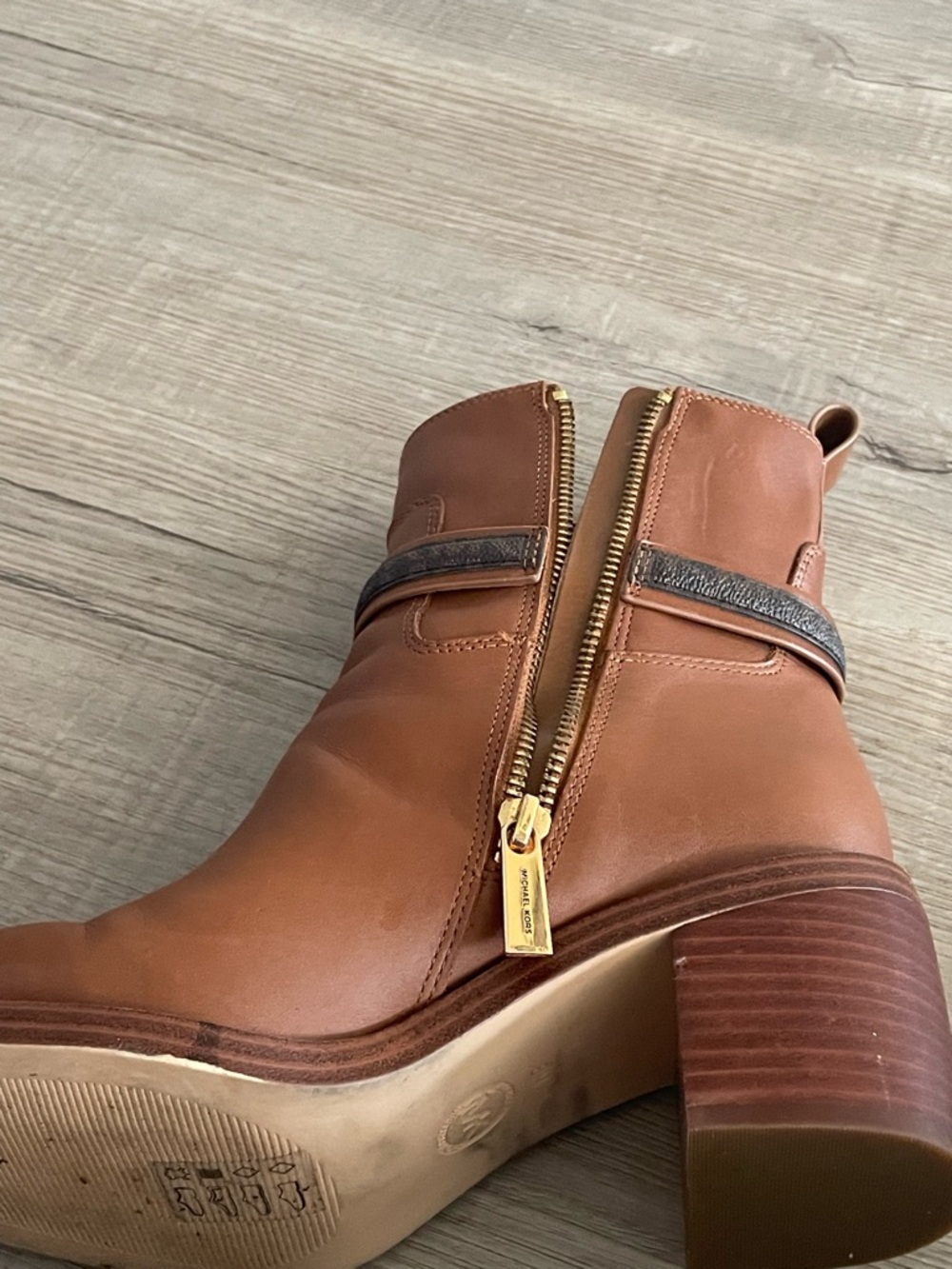 Michael Kors Cognac Leather Ankle Boots with Logo Harness - Picture 6 of 8